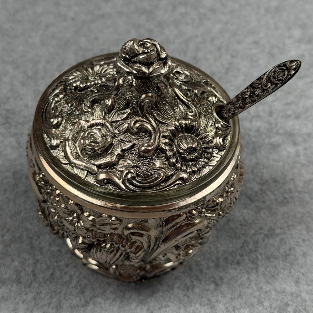 Vintage Japan Nickel Silver Floral Repousse Jam Pot Set HF-0918 Spoon Liner